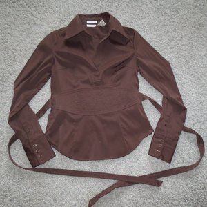 SOLD! Brown Long Sleeve Tuxedo Waist with Tie Back Collared V Neck